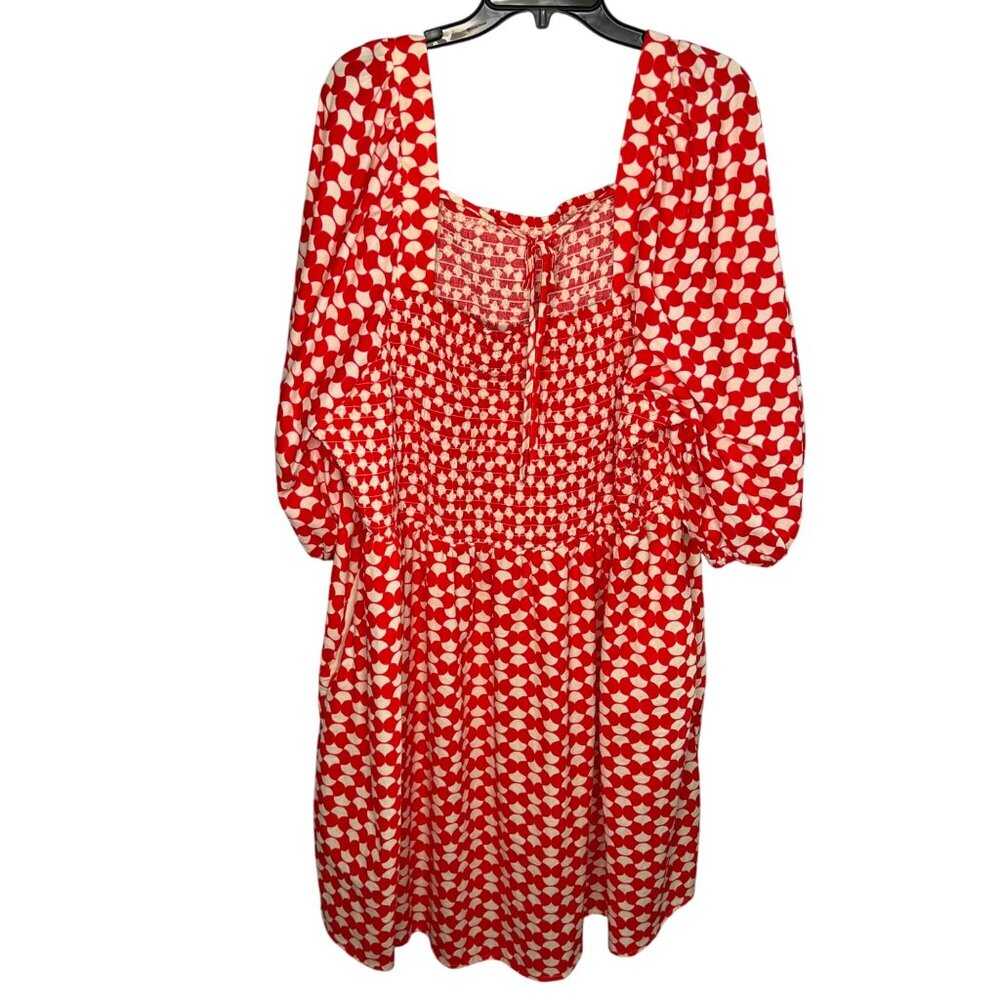 Ava & Viv Red & White Smocked Midi Dress Size 4X Puff Sleeves & Square Neckline